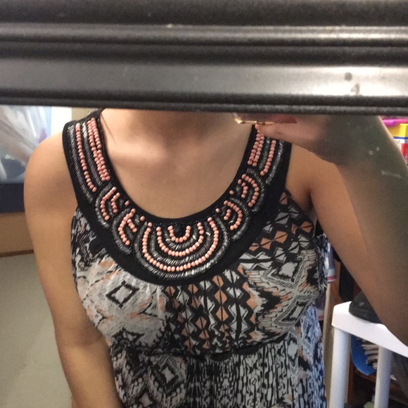 Full length patterned maxi dress w/ beaded collar - Picture 3 of 3